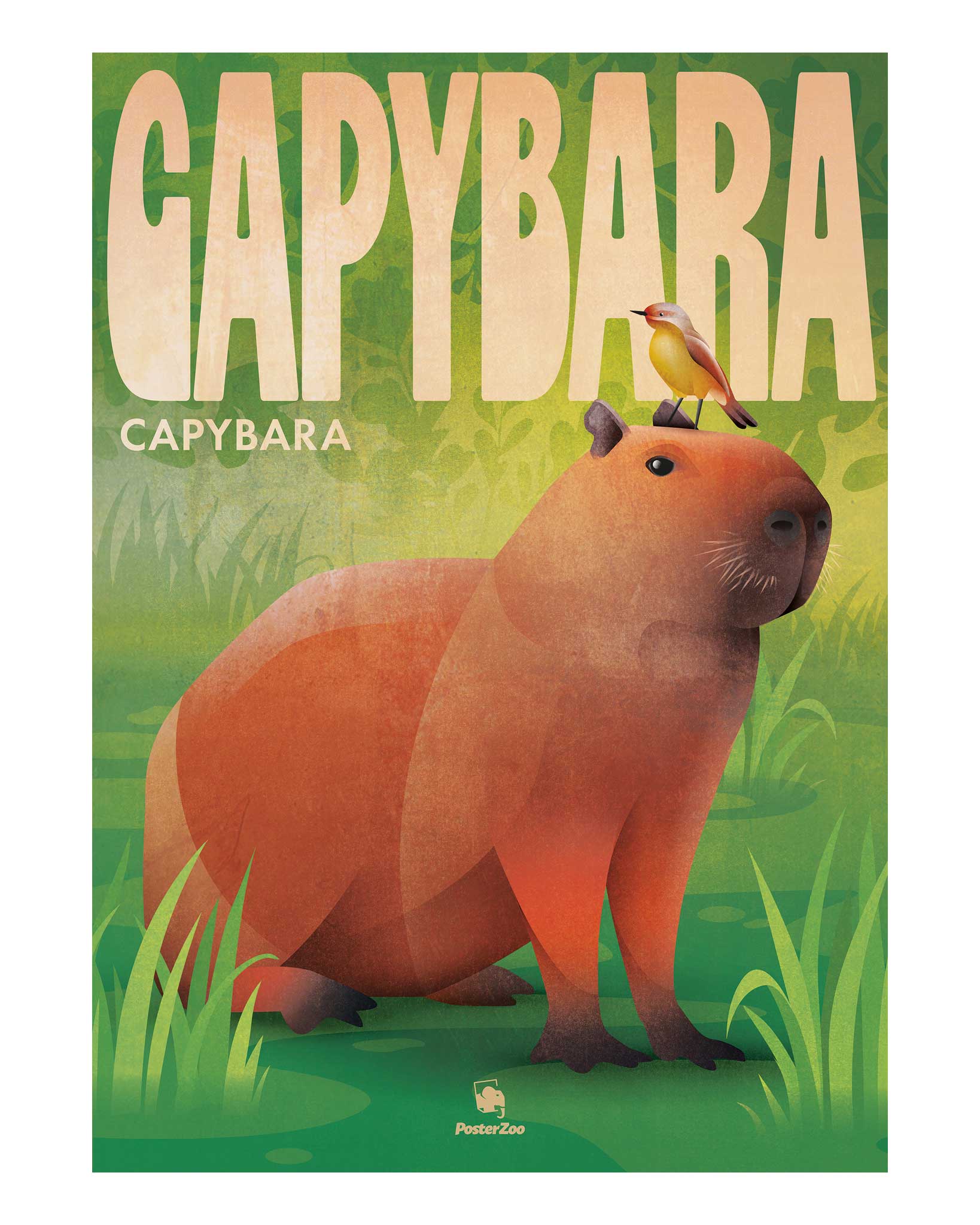 Ein illustriertes Tier-Poster mit einem Capybara und bunten Vogel inmitten grüner Natur, versehen mit plakativer Typografie