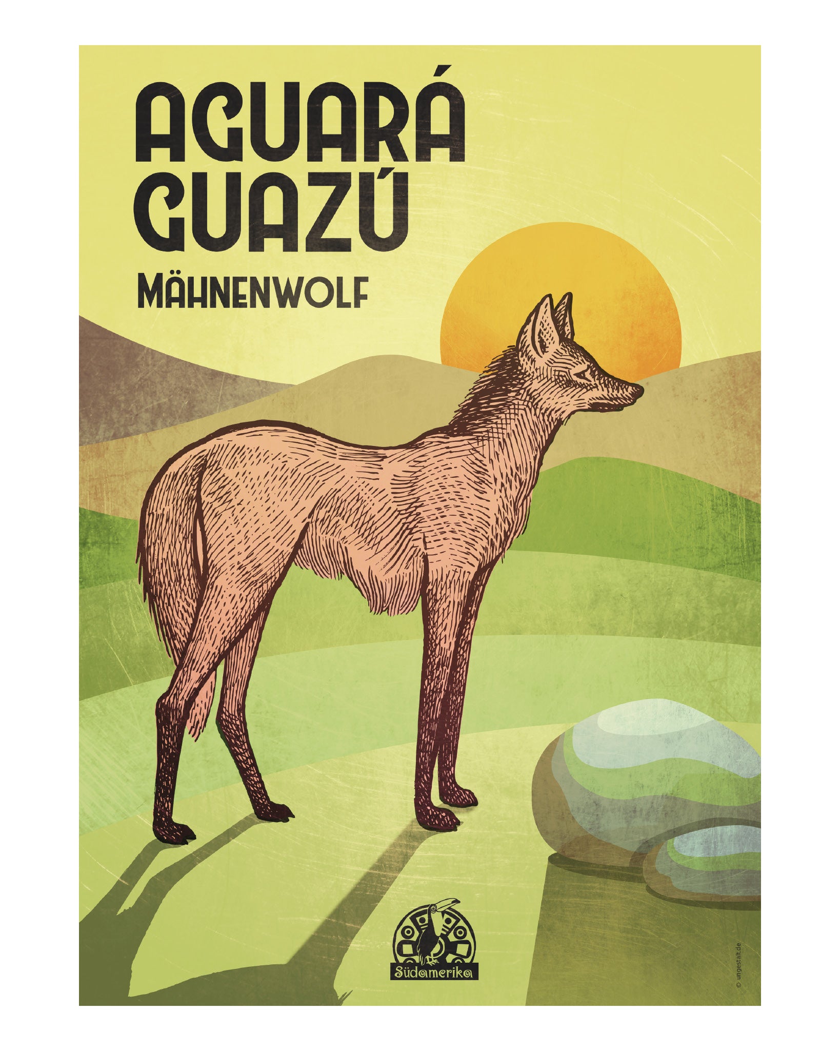 Illustriertes Poster mit einem Mähnenwolf in grüner Landschaft