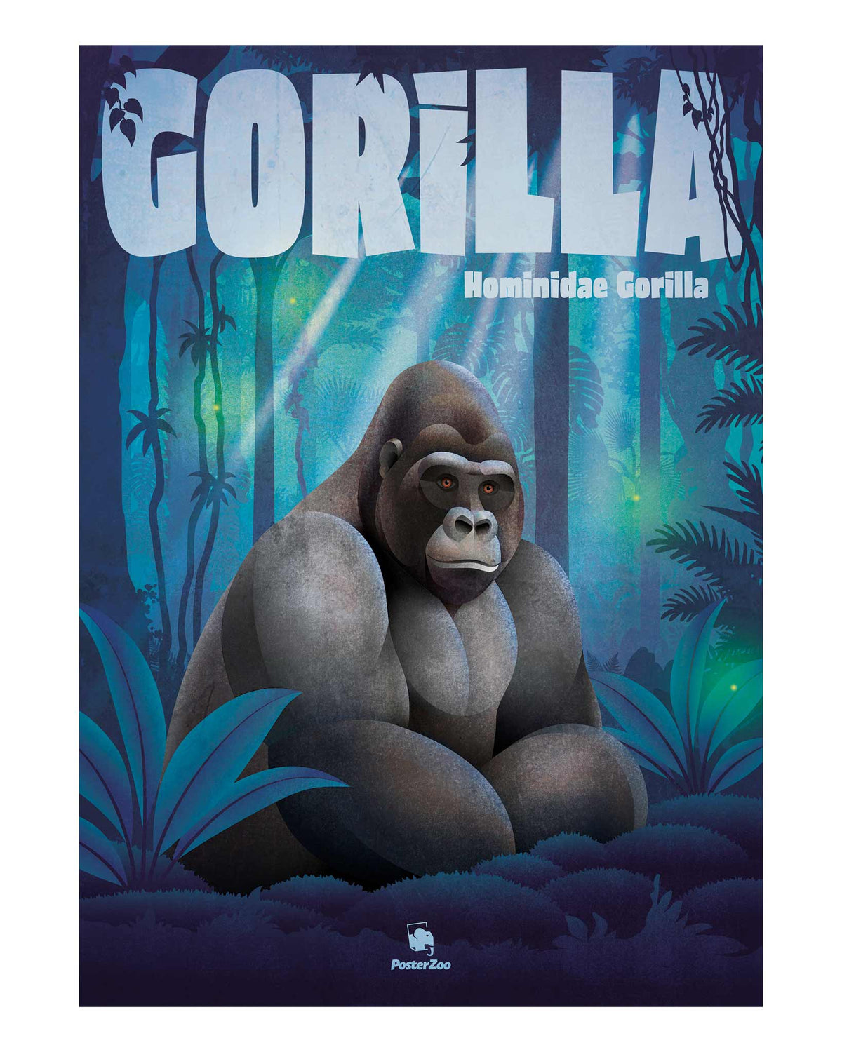 Ein illustriertes Tier-Plakat mit einem sitzenden Gorilla in einer nächtlichen Wald-Szenerie, blau-grüner Farbgebung und robuster Typografie im oberen Bildbereich.