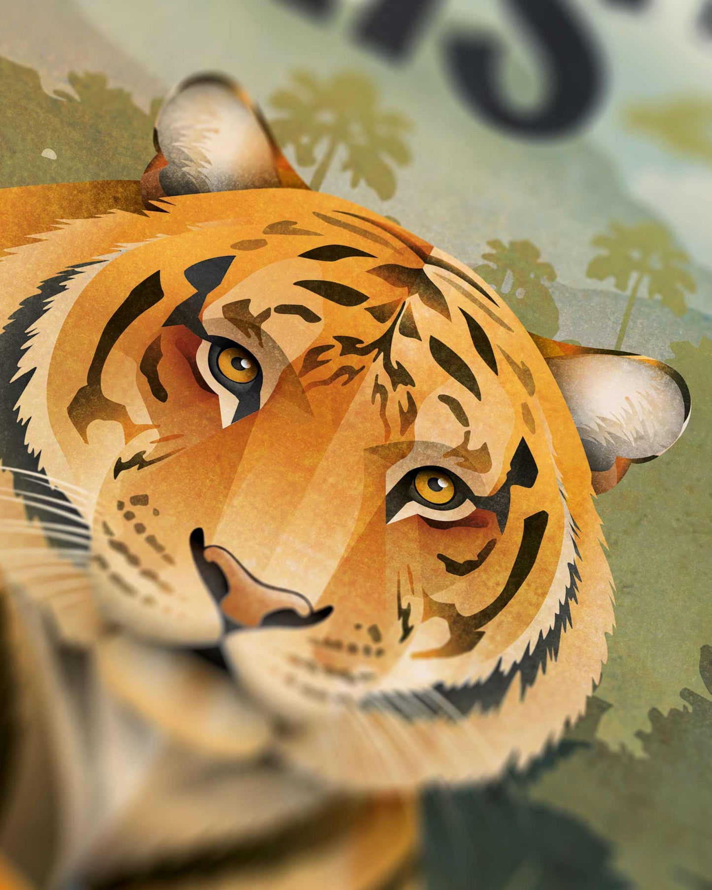 Nahaufnahme eines illustrierten Tier-Plakats mit dem Kopf eines Bengal-Tigers inmitten seiner natürlichen Lebensumgebung.